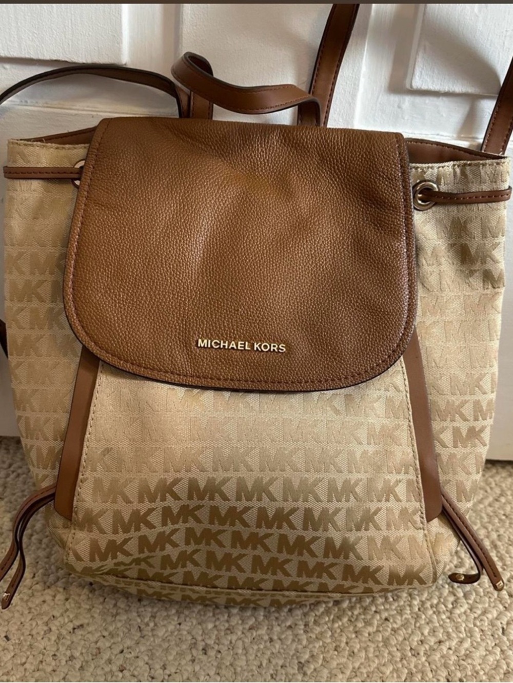 Michael Kors Beige and Brown MK Monogram Drawstring Backpack